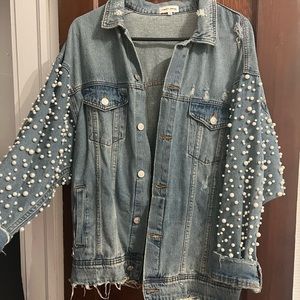 Oversized Pearl Studded Denim Jacket